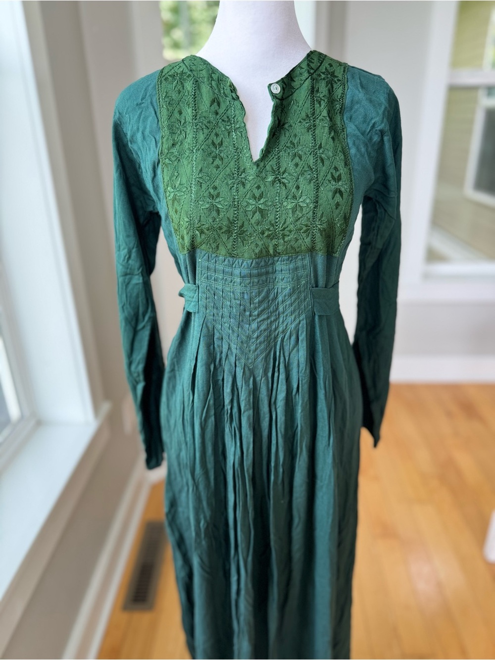 Vintage 90’s Forest Green Boho Long Sleeve Maxi Dress with Embroidered Yoke